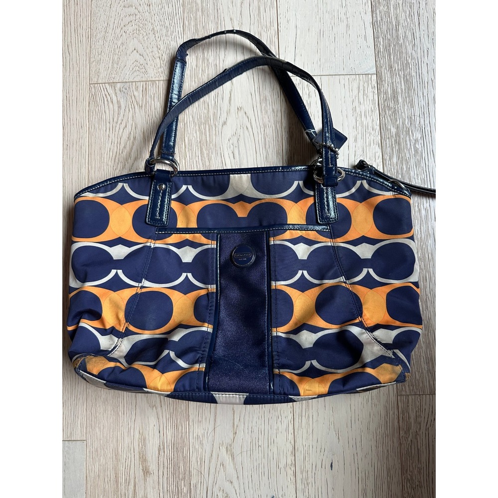 Coach Poppy Signature C Tote Bag Navy Blue Orange Canvas F24641